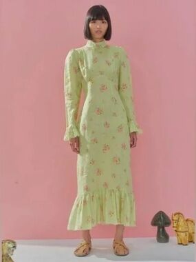 Alemais Lime Green Floral Linen Dress with Pink & Cream Blooms size AU6 US2